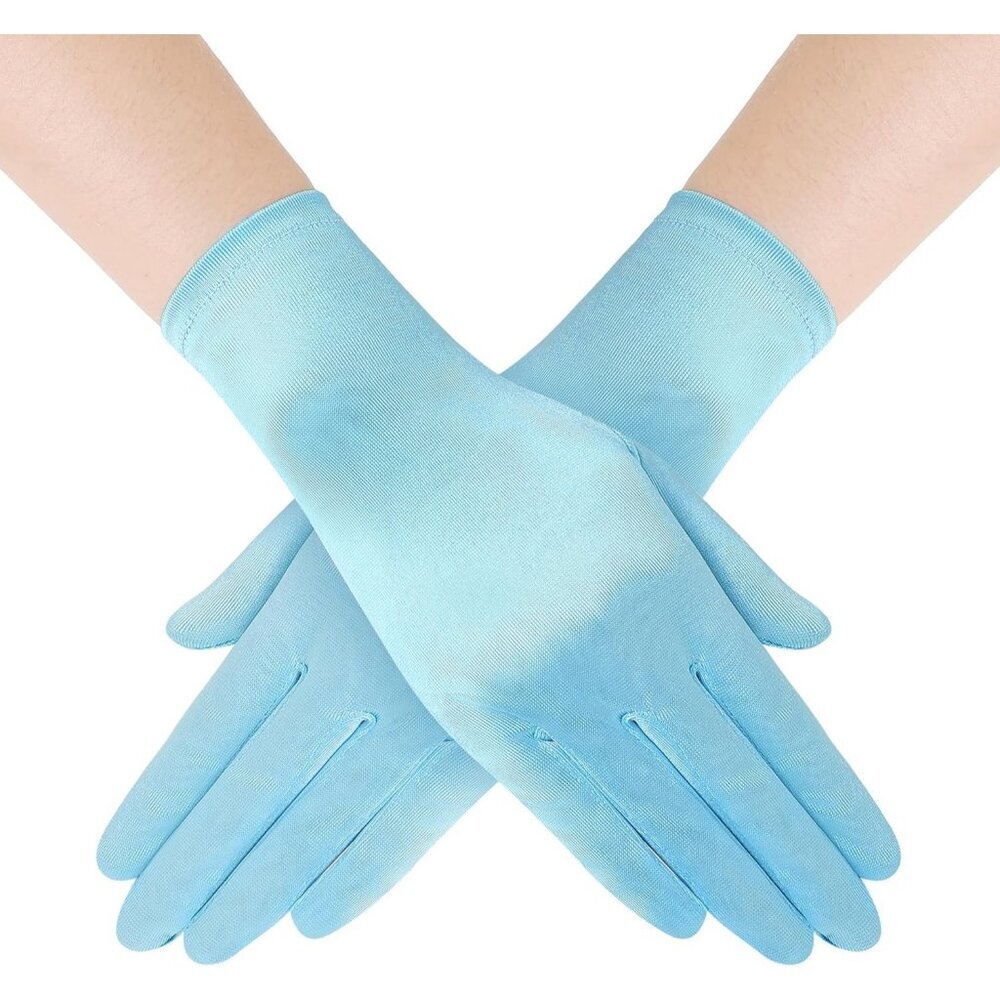 Women's Baby Blue Satin Silk Gloves Banquet Wedding Party Costume Accessories